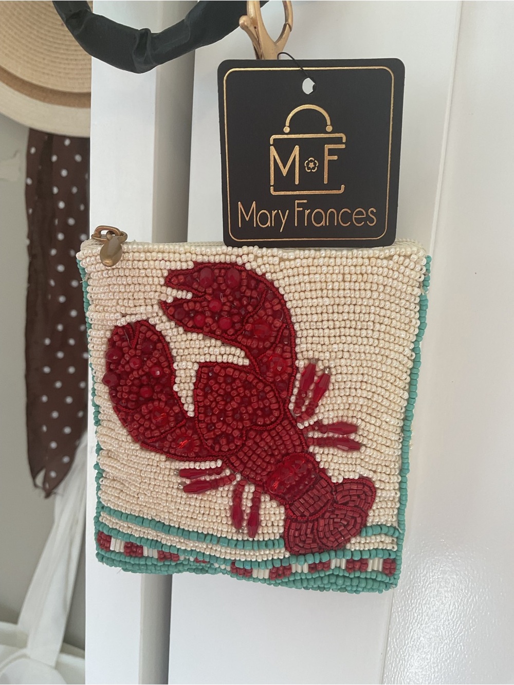 Mary Frances Cream Beaded Pouch with Red Lobster and Teal Trim